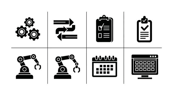 Industrial Automation Icons: Gears, Robotics, Planning, Schedule, Workflow