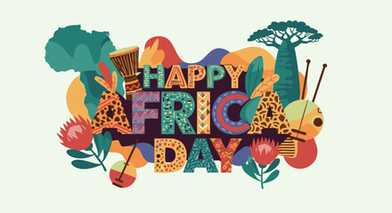 Happy Africa Day typography with traditional musical instruments and baobab tree on light green background flat vector illustration for continental culture celebration. © Any
