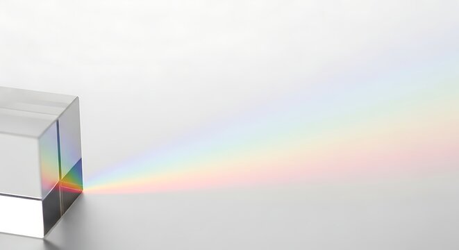 A prism refracts white light into a vibrant rainbow spectrum on a gray surface.