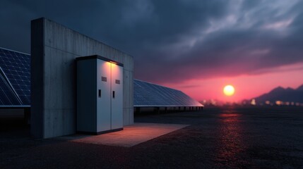Fototapeta premium Solar Energy Technology at Sunrise with Panels and Equipment in an Urban Setting
