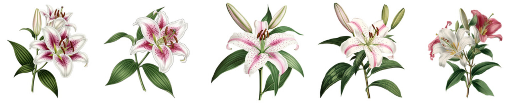 Botanical illustration of lily flowers collection isolated on transparent background