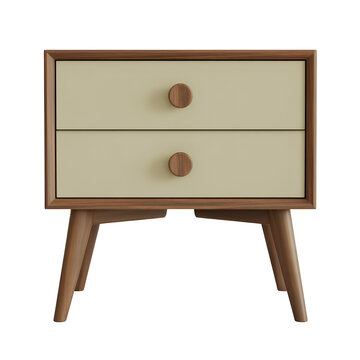Beige modern nightstand with wooden frame and brown knobs drawers isolated on a transparent background