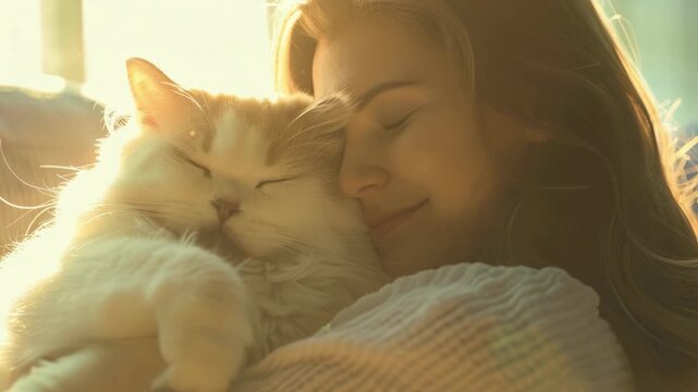 A woman embracing her cat, showcasing affection and comfort in their bond.