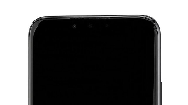 Close-up view of a modern smartphone with a notch and multiple cameras on a white background