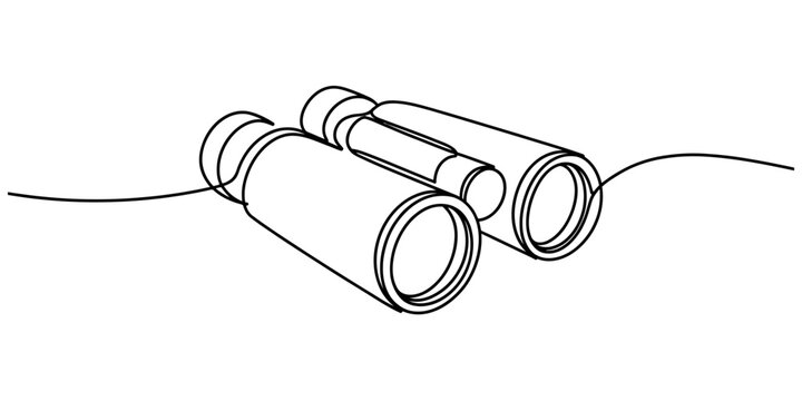 A continuous line drawing of binoculars showing a minimalist design on a plain white background.