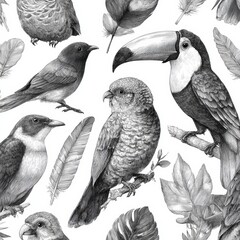 Obraz premium Seamless Doodle Pattern Featuring Various Birds and Leaves in Black Ink on a White Background for Artistic Designs