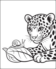 Obraz premium Cute leopard playing with a snail on leaf black line art vector illustration for kids coloring page design