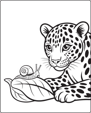 Cute leopard playing with a snail on leaf black line art vector illustration for kids coloring page design