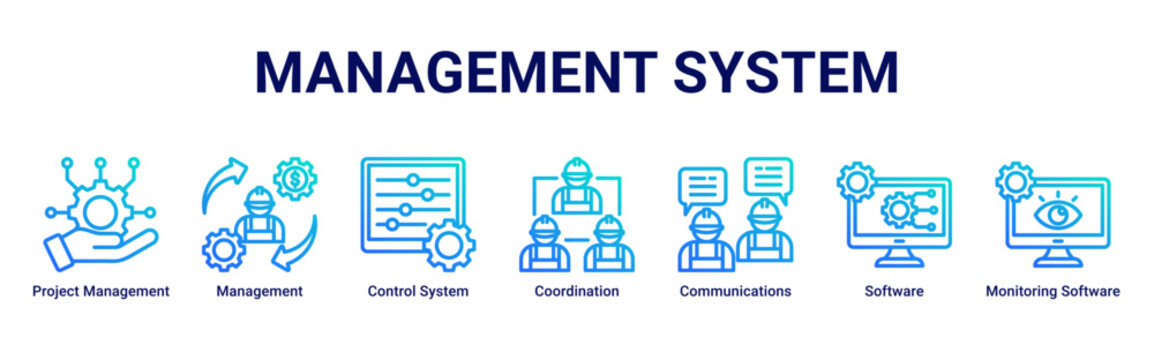 Management System web banner icon vector illustration with icons of Project Management,Management,Control System,Coordination,Communications,Software and Monitoring Software