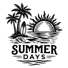 Obraz premium Retro Summer Days Tropical Island Scene With Palm Trees Surfboard And Rising Sun, Vintage Beach Vacation And Surfing Lifestyle Illustration