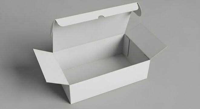 Empty open white cardboard shipping box, isolated on a gray background, ideal for packaging mock-ups.
