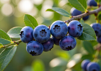 Fototapeta premium A cluster of ripe blueberries hanging from a branch with green leaves