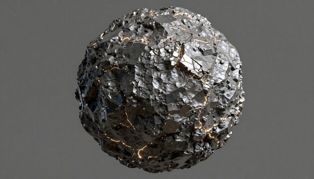 Close-up of a rough textured sphere resembling a planet or asteroid with earthy and metallic tones.