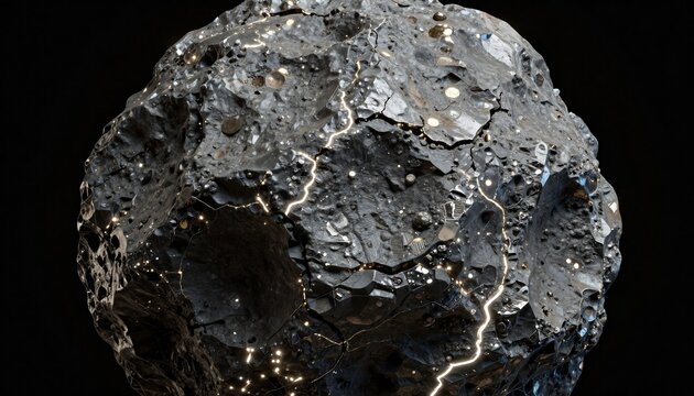 Close-up of a rough dark textured meteorite with metallic veins against a black background.