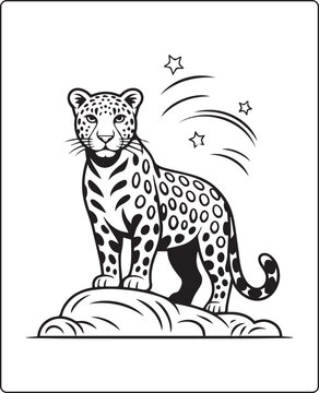 Cute baby leopard standing on a stone in natural scene black line art vector illustration for kids coloring page design
