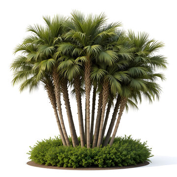 Lush cluster of palm trees with green foliage on white background