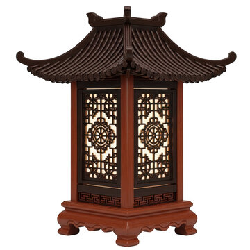 A traditional wooden chinese lantern with intricate lattice panels and a classic pagoda style roof isolated on transparent background