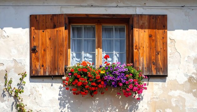 A window with wooden shutters and colorful flowers outside