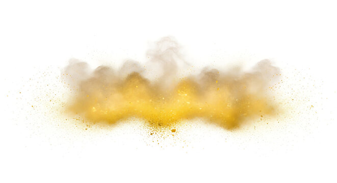 Dynamic exploding brown powder cloud burst on white background creating a dramatic and energetic effect for abstract design with powder explosion