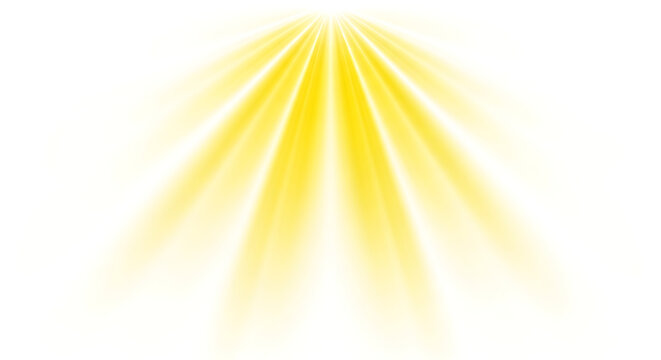 Bright yellow light rays bursting downwards on white background creating a heavenly glow and hopeful aura with sun beams