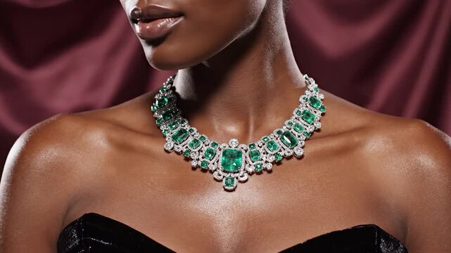 A person wears a luxurious necklace adorned with green gemstones and sparkling diamonds
