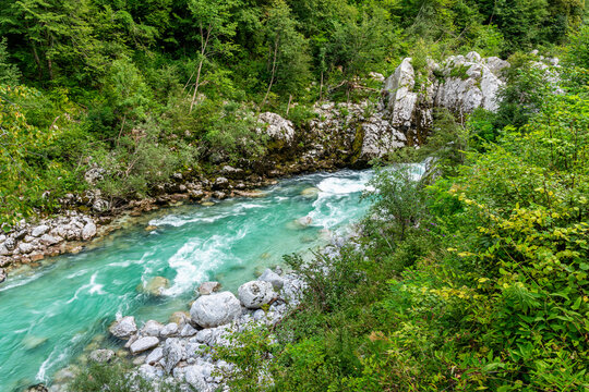 Scenic summer view along the Isonzo (Soca) river in Slovenia.