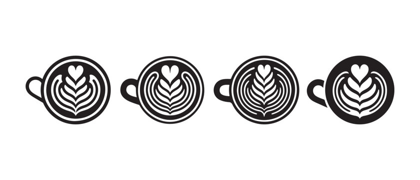 Four black and white minimalist icons of coffee cups with heart latte art designs.