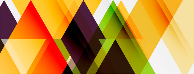 Obraz premium Abstract geometric shapes overlap, creating vibrant color patterns. Triangles, rectangles dominate composition. Bright hues blend seamlessly.