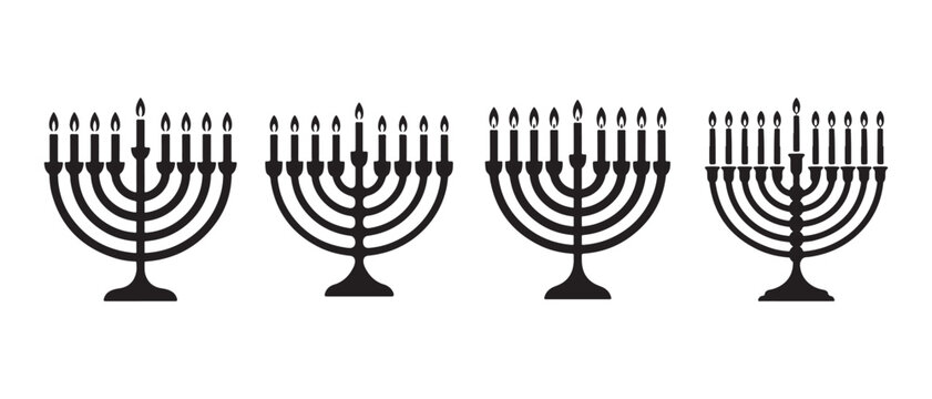Four black silhouettes of traditional jewish hanukkah menorahs with lit candles on a white background.