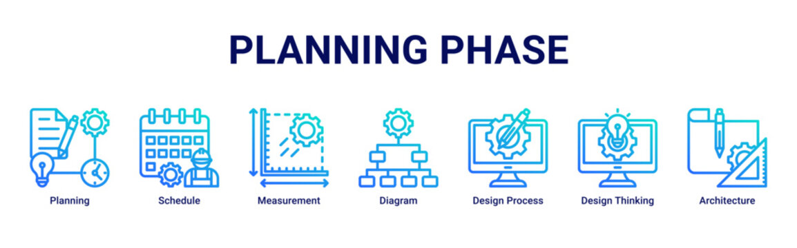 Planning Phase web banner icon vector illustration with icons of Planning,Schedule,Measurement,Diagram,Design Process,Design Thinking and Architecture
