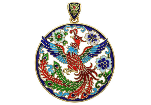 A circular gold pendant featuring an intricate cloisonne enamel phoenix and floral design motif isolated on transparent background