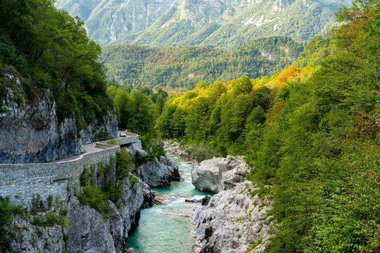 Scenic summer view along the Isonzo (Soca) river in Slovenia.