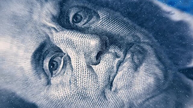 Texture of surface and detail of printing of the main elements of a hundred dollar bill. Added additional paper surface texture. View through sparkling particles. Macro. Closeup. Shot in motion. Shall