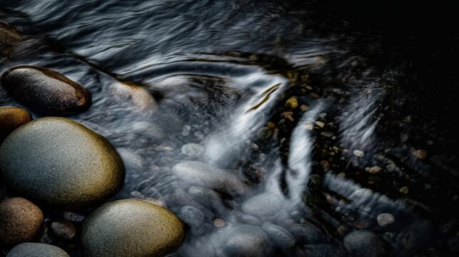 Water flowing over river rocks, captured by generative AI, creating a serene and natural scene, perfect for use in nature-themed designs, relaxation videos, or environmental campaigns.