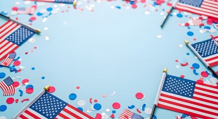 Obraz premium Patriotic american flag border with confetti on light blue background for celebrations and holidays