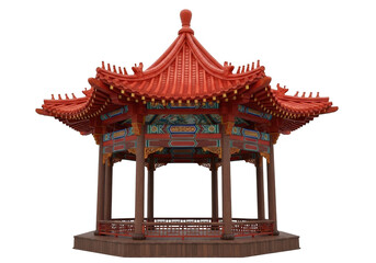 Obraz premium A traditional chinese pagoda structure featuring ornate red roof architecture and wooden pillars isolated on transparent background