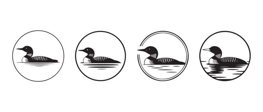 A collection of four circular minimalist vector logos featuring a common loon swimming on water.