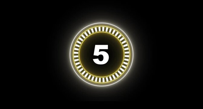 Animation circle countdown timer 10 to 0 seconds with neon animation . Ten seconds countdown timer with dot circle motion graphics on black background. Minimalist colorful circle.