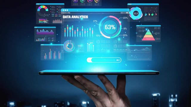 Futuristic Data Analytics Visualization with Graphs and Metrics on a Digital Screen Handheld Against a Night Cityscape Background Sigmoid