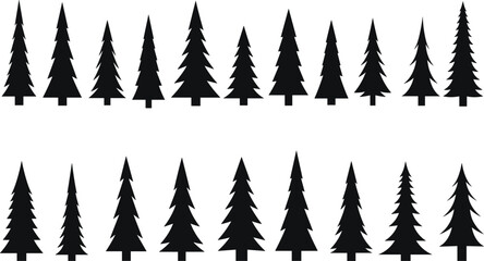 Fototapeta premium Set of isolated pine tree silhouettes evergreen coniferous spruce and fir tree icons for nature landscape design winter forest elements and mountain wood graphics