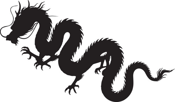 Traditional Chinese dragon silhouette vector, black oriental mythical creature icon, long serpentine dragon for lunar new year and tattoo design
