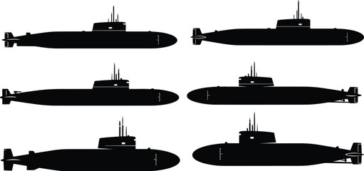 Submarine silhouettes set isolated on white background, military naval vessels side view collection, black vector illustration of underwater warships for defense and maritime concepts © Mdjuyel