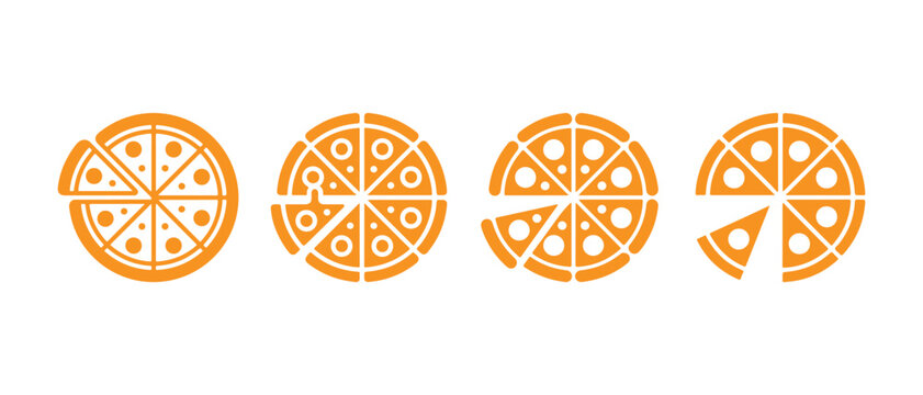A set of four orange pizza icons showing incremental slice removal on a clean white background.