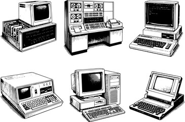 Fototapeta premium Set of 6 Vintage Retro Computers Collection - Classic 1980s 1990s Old School Desktop PC and Workstation Vector Illustration