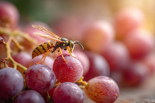 Close-up macro shot of a yellow jacket wasp feeding on a ripe red grape berry