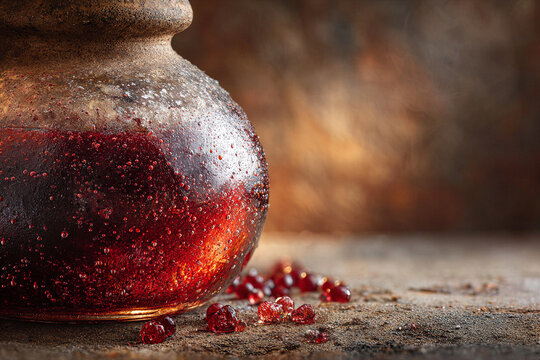 Close-up of a large vintage glass demijohn filled with bubbling red liquid and berries