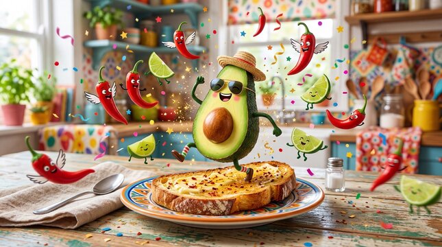 A cartoon avocado dances on toast with chili peppers and lime wedges in a colorful kitchen.