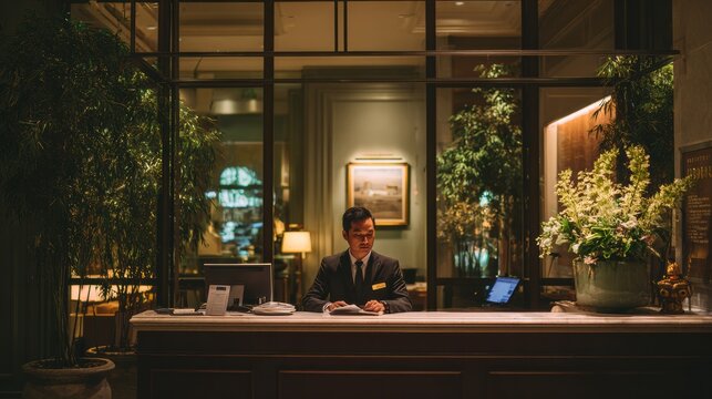 Concierge at Front Desk in Luxury Hotel Lobby During Night Shift at 2am With Focused Attention on Service and Guest Needs