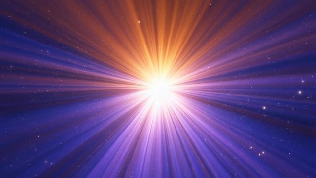 Starburst cosmic explosion with vibrant orange and purple rays shining brightly in space featuring star, galaxy, sun with light and bright elements