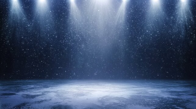 Snow and ice background, empty ice rink illuminated by spotlights, creating a cold and pristine atmosphere, perfect for winter-themed designs or sports visuals.